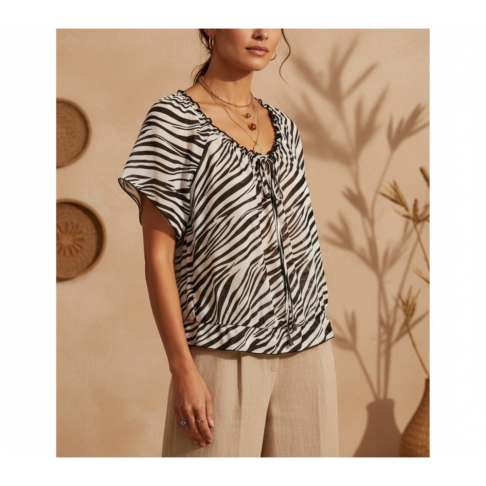 AB Studio XS Top Blouse Black White Tie Neck Sheer Peasant Boho Flowy Mod Retro